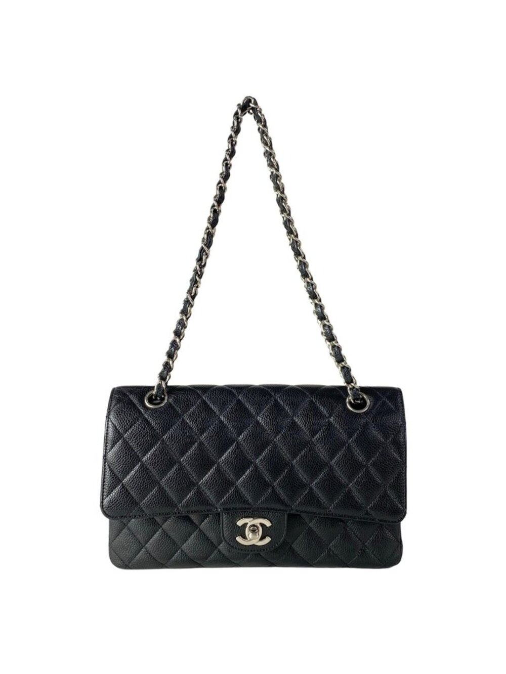 Chanel Shoulder Bag Double Flap Quilted Black Chain Silver